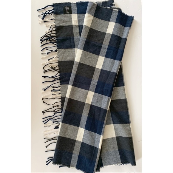 Plush Buffalo Plaid Fringed Scarf, Blue Off White - Picture 1 of 3